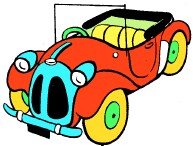 Red cartoon car with yellow and green wheels